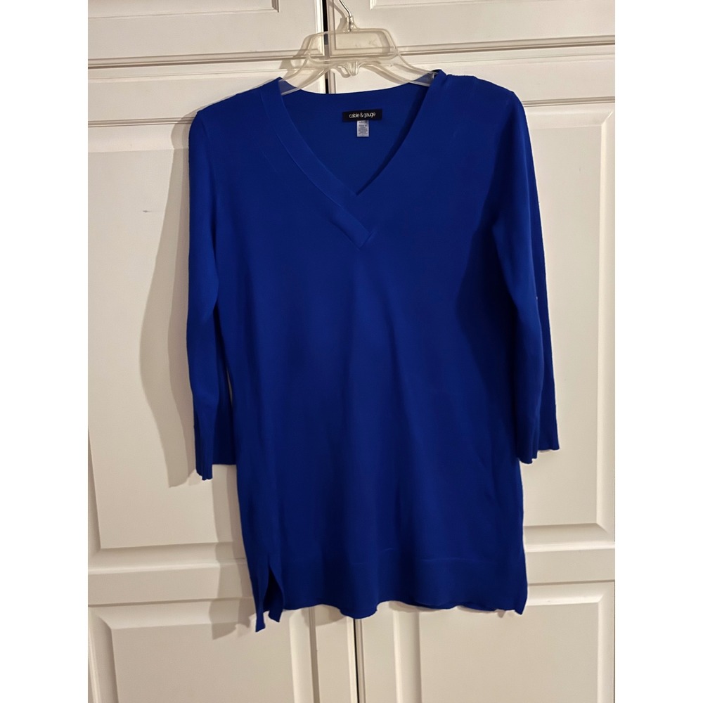 Cable & Gauge Royal Blue V-Neck Tunic Sweater 3/4 Sleeve Side Slits Small